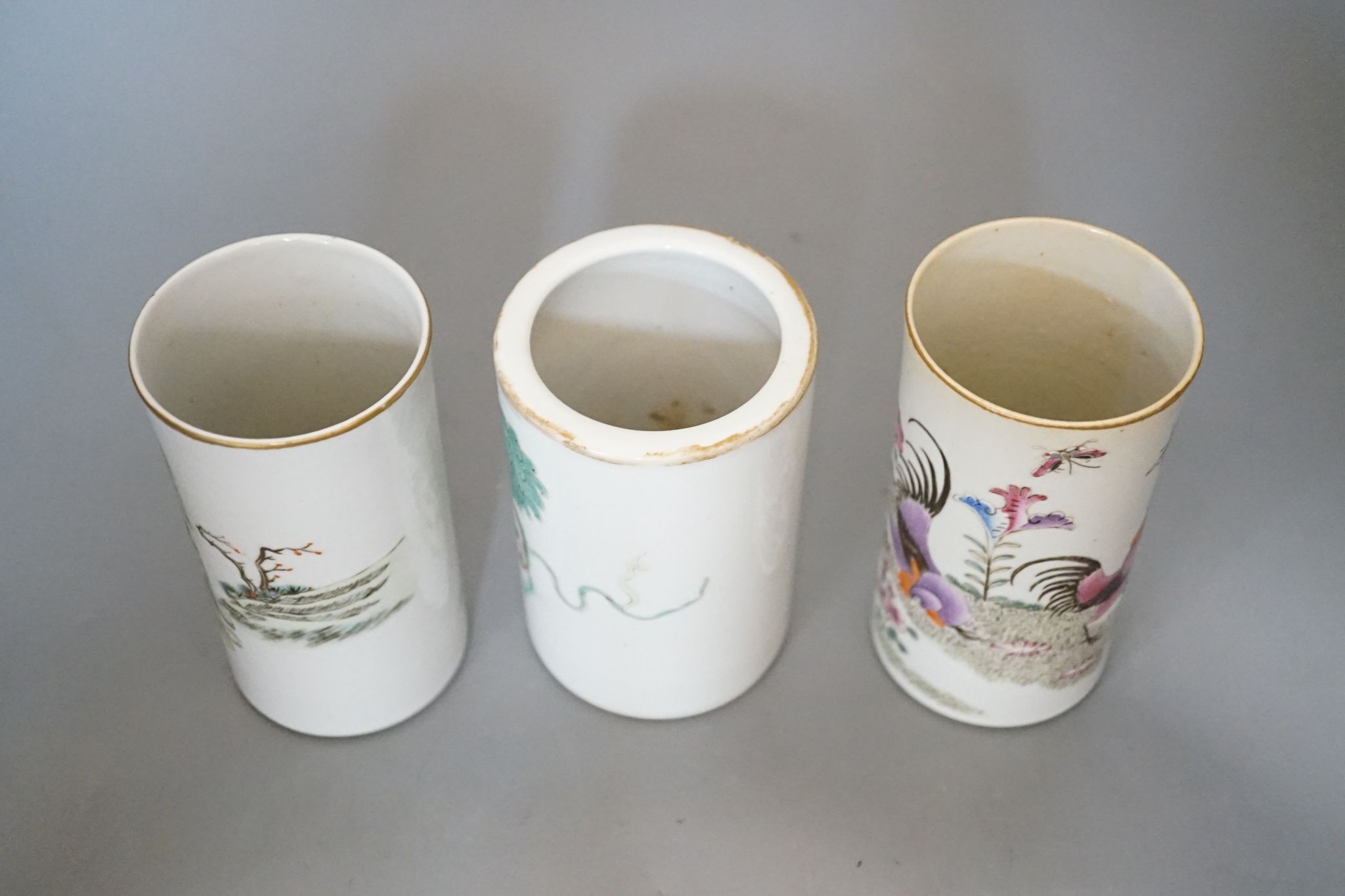 Three Chinese famille rose brush pots, 12cm